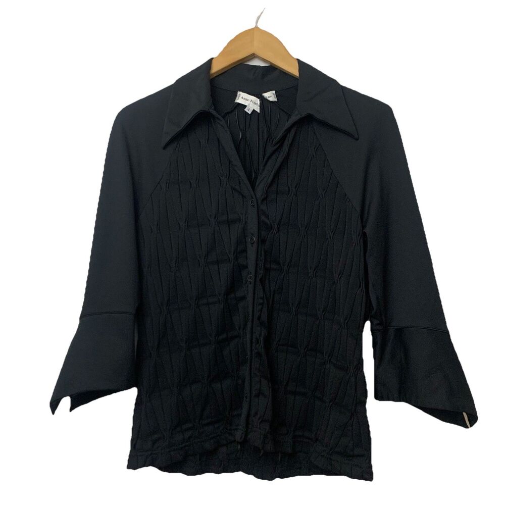 Anne Fontaine Black Blouse Sz 4 Button Up Pintuck Ruched Sheer Cutout 3/4 Sleeve